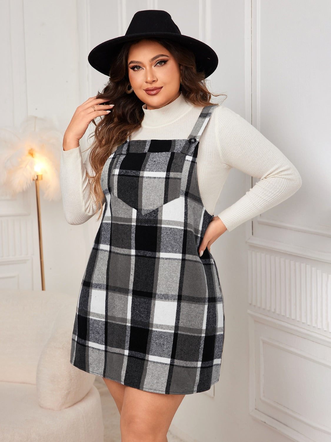 Honey Plus Size Plaid Wide Strap Overall Mini Dress