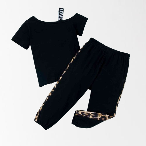 Ensemble haut à col asymétrique et pantalon de jogging color block pour petites filles - Noir