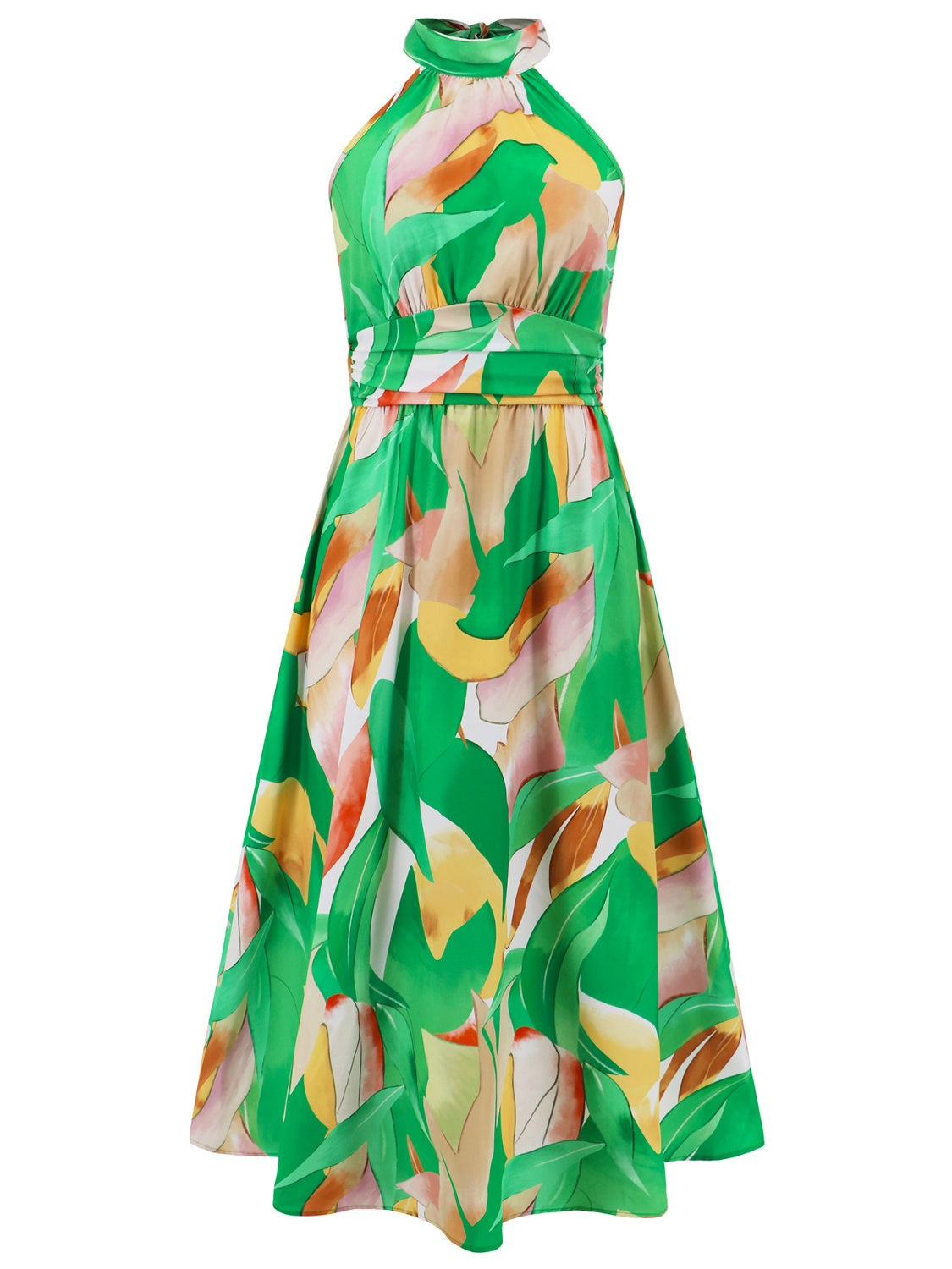 Ruched Printed Halter Neck Sleeveless Midi Dress