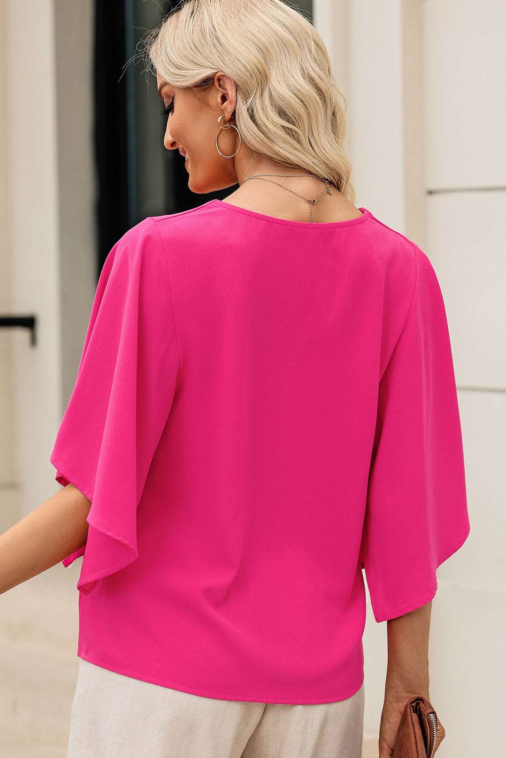 V-Neck Cloak Sleeve Blouse pink back view