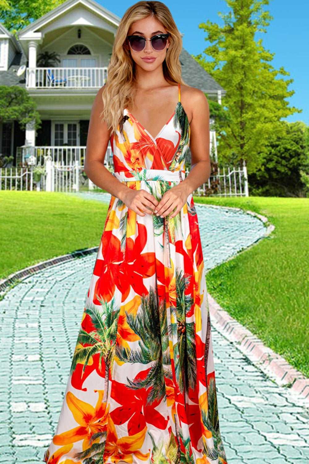 Crisscross Printed Surplice Cami Maxi Dress