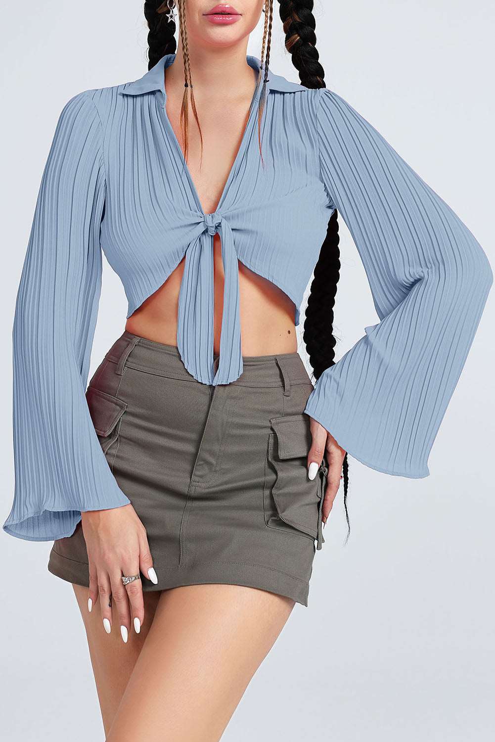 Women Tie Front Johnny Collar Flare Sleeve Cropped Top