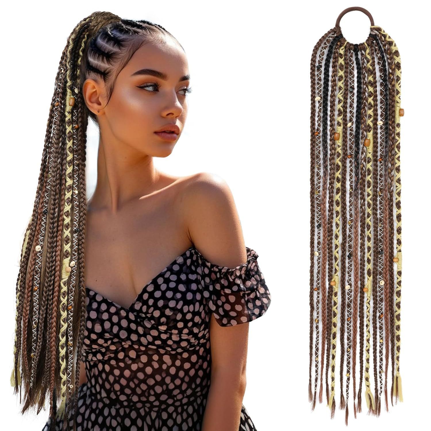 24-Inch Braided Ponytail with Lock Beads Hair Extension – 5 Colors Dark Brown Light Brown