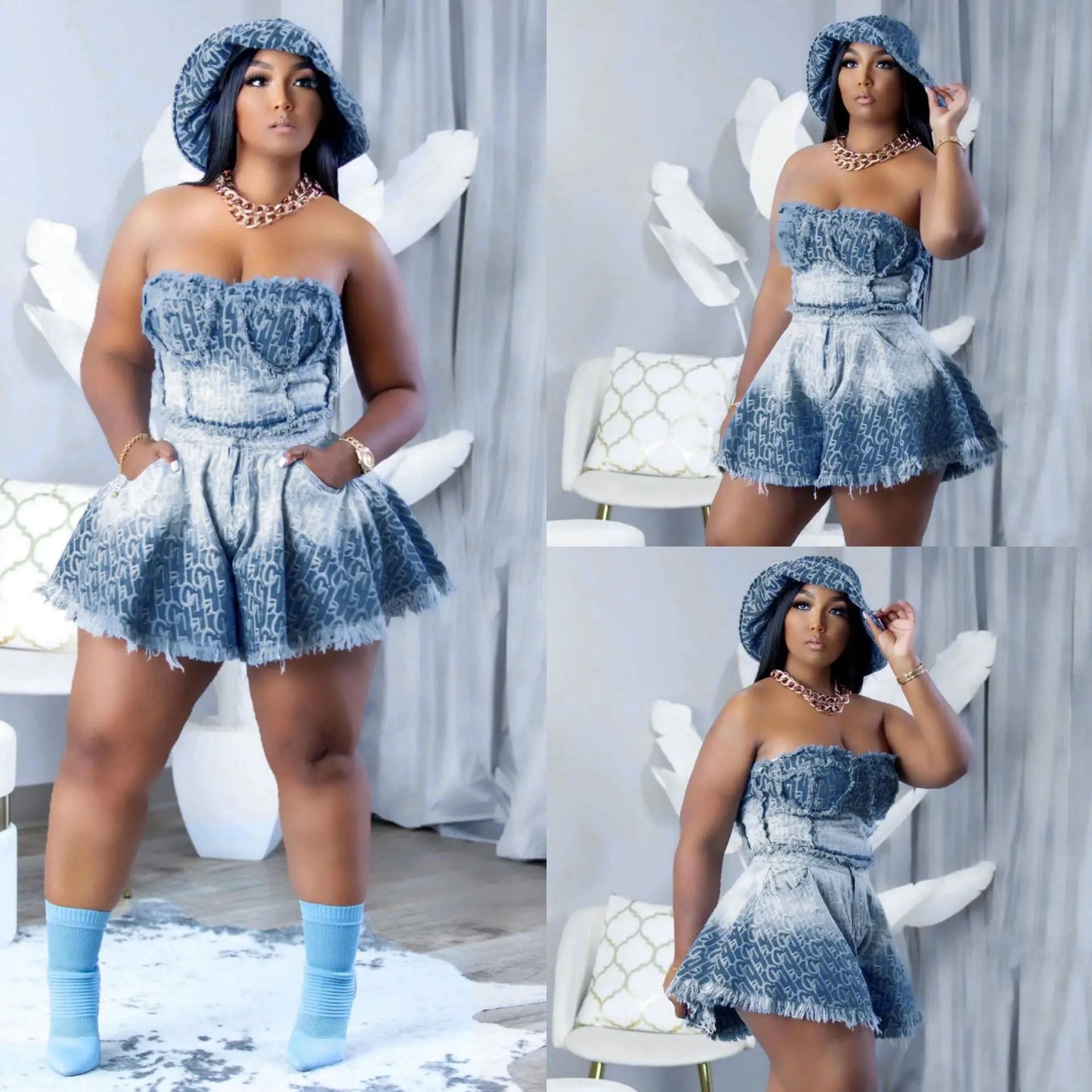 Denim Strapless Halter Top Print Ensemble and Backless Pockets Hem Skirt Set