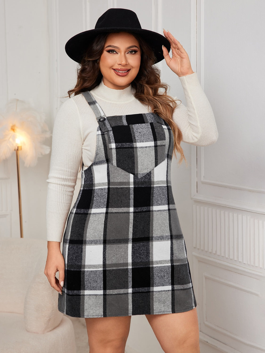 Honey Plus Size Plaid Wide Strap Overall Mini Dress