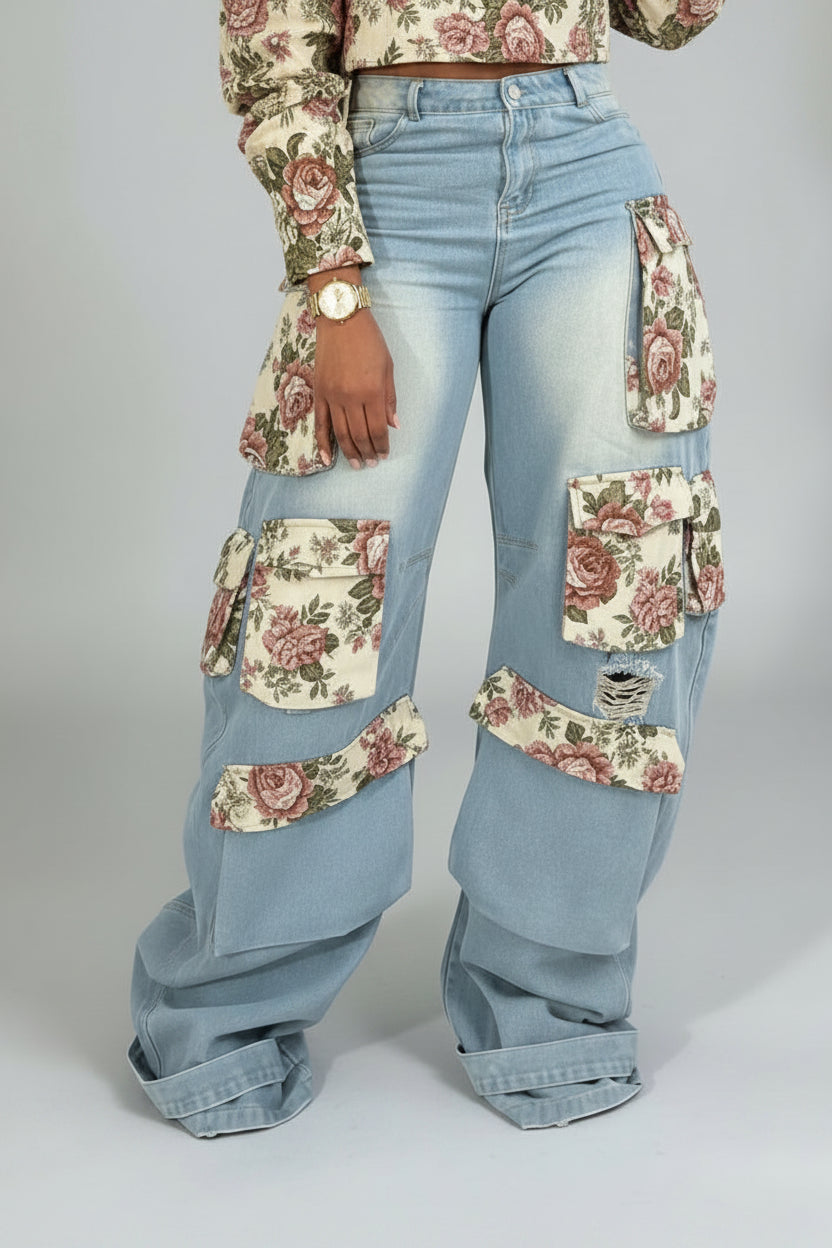 Washed Denim Floral Patchwork Jacket & Cargo Jeans | 2-Piece Denim Set Pants