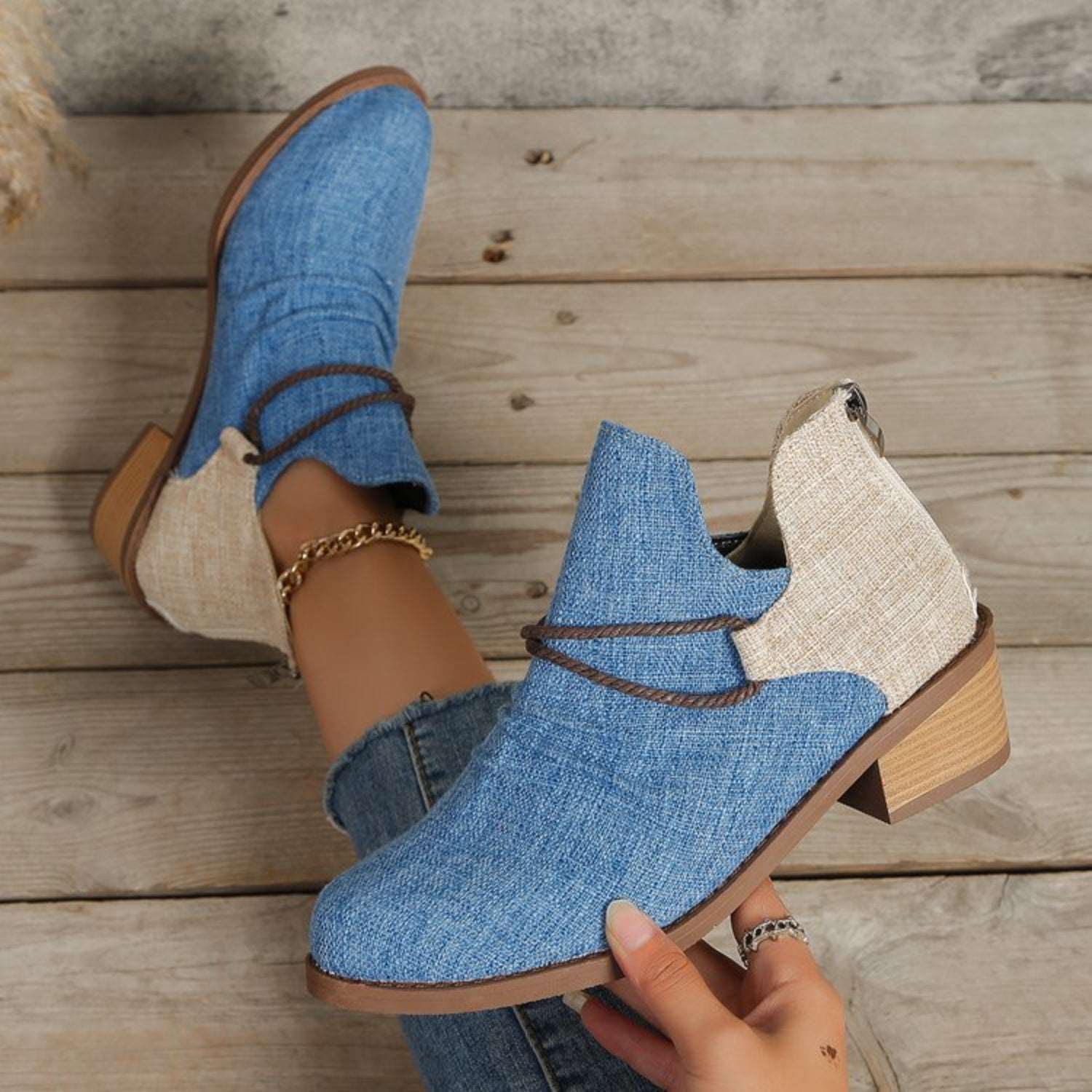 Contrast Canvas Low Heel Ankle Boots