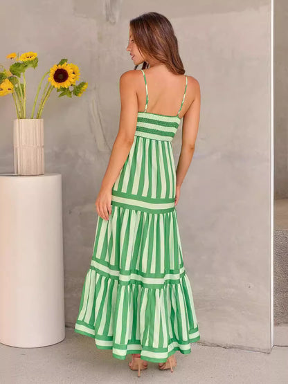 The Striped Square Neck Backless Maxi Dress – Spaghetti Strap, Pockets, 5 Colors