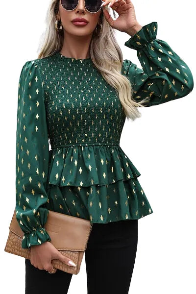 Smocked Flounce Sleeve Layered Blouse