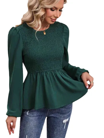 Round Neck Smocked Balloon Sleeve Top