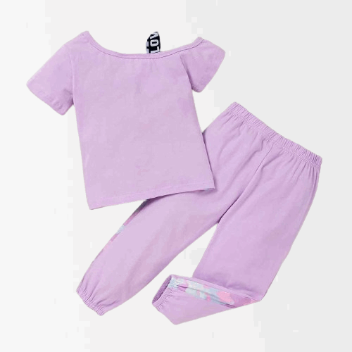 Little Girls Color Block Asymmetrical Neck Top and Joggers Set - Lavender