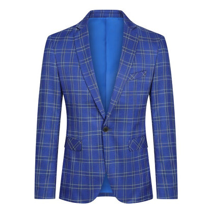 Men's Plaid Tartan 1-Button Blazer | Slim Fit Notched Lapel Tweed Jacket – Red & Blue Blue