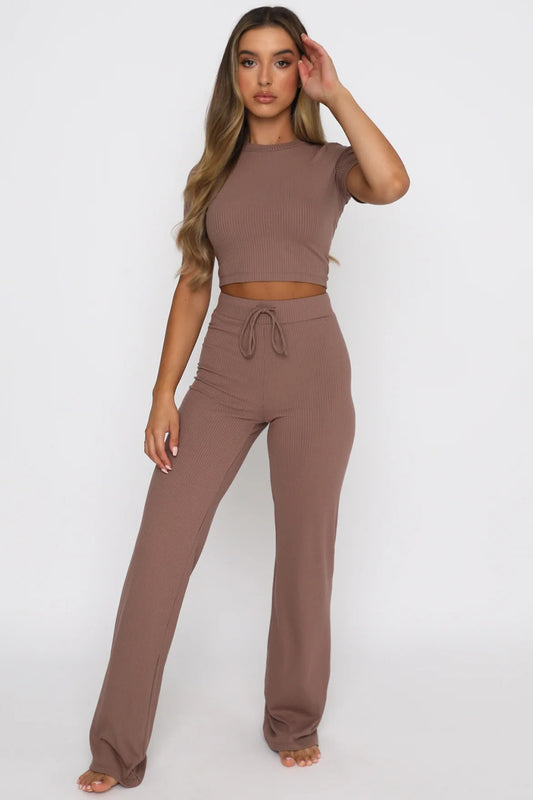 Women's Round Neck Short Sleeve Top and Pants Set