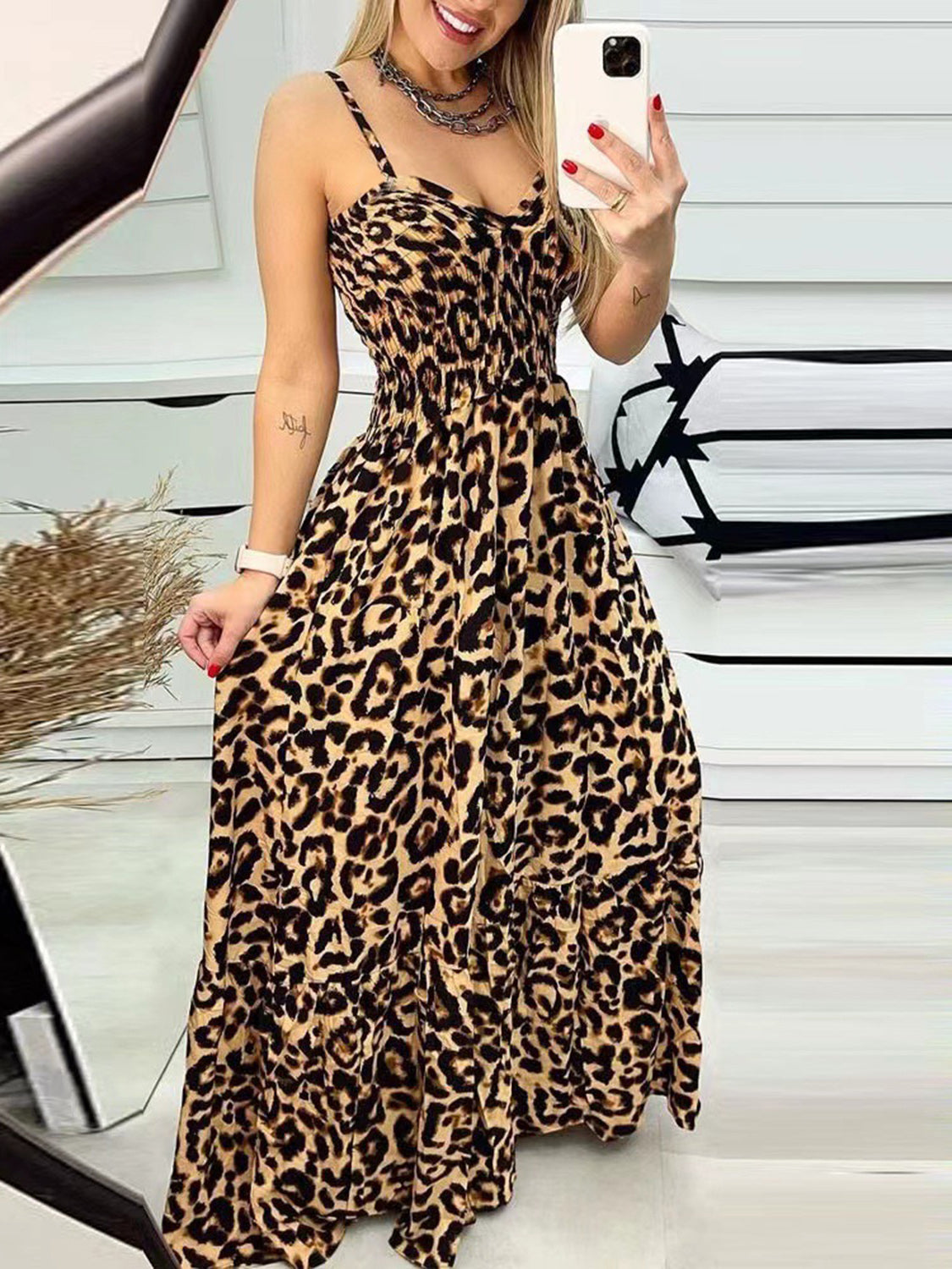 Women's Leopard Sweetheart Neck Cami Maxi Dress