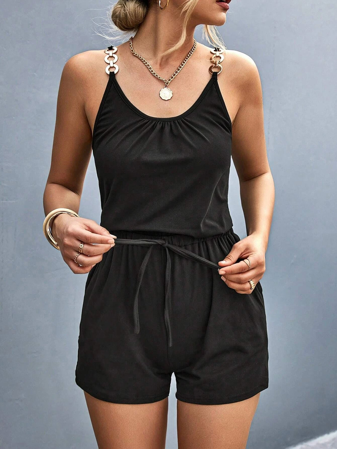 Plus Size Women's Pocketed Buckle Trim Scoop Neck Romper