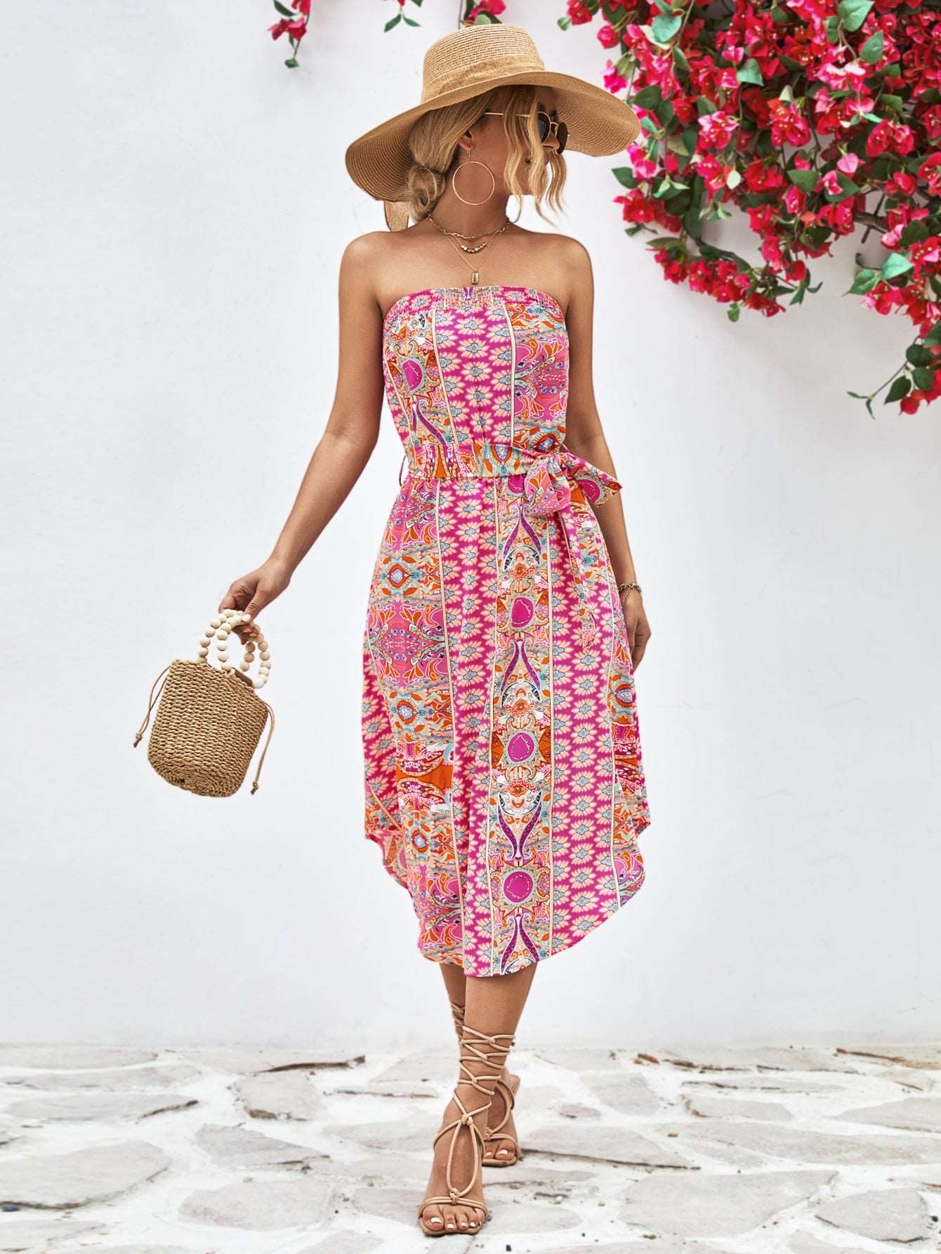 Printed Strapless Tie Belt Dress - Pink