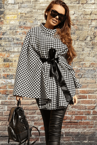 Houndstooth Tie Waist Trench Coat