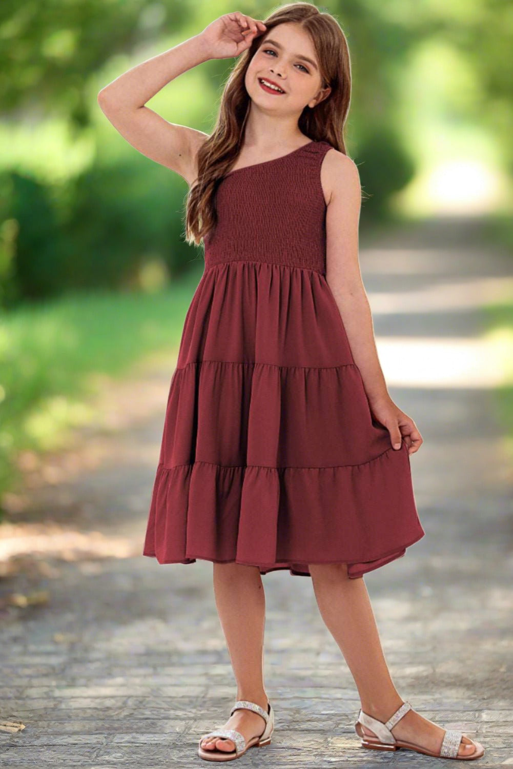 Girls One-Shoulder Sleeveless Tiered Dress