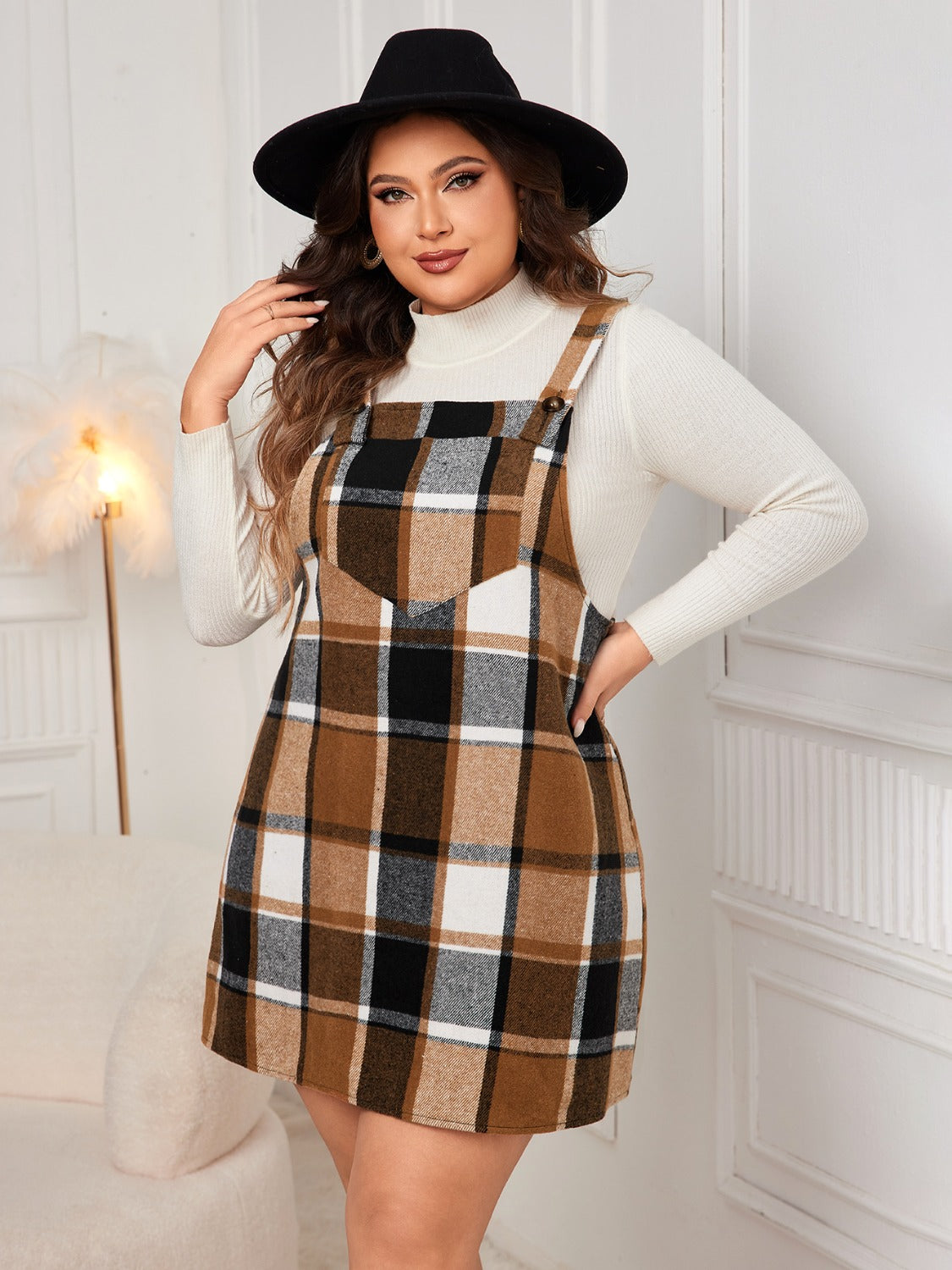 Honey Plus Size Plaid Wide Strap Overall Mini Dress