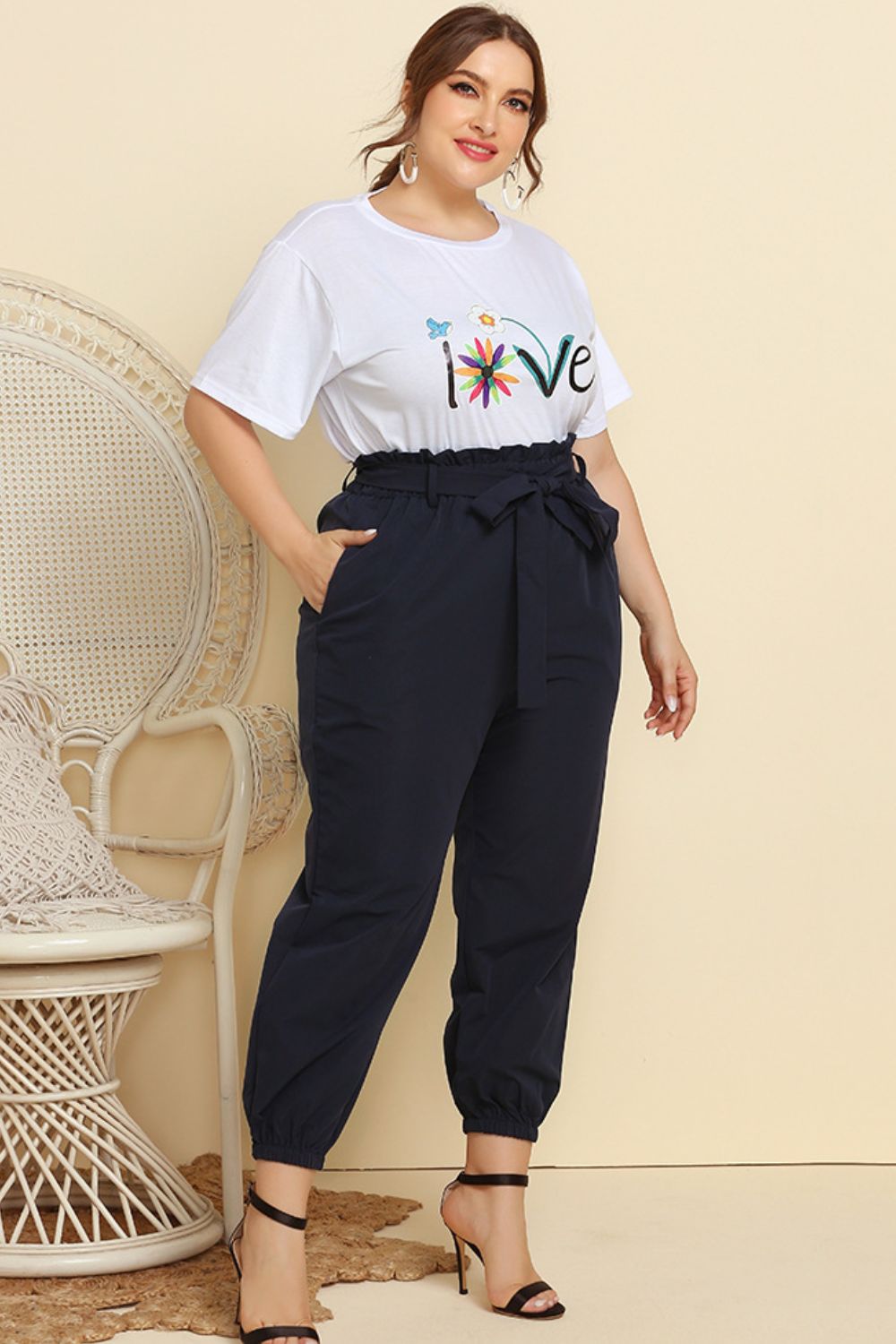 Plus Size Graphic Tee and Belted Paperbag Pants Set