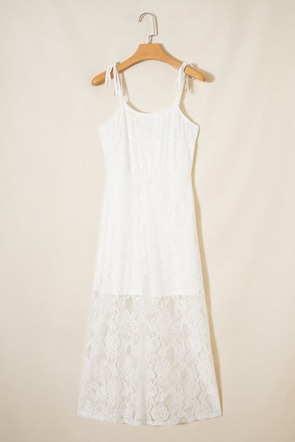The Floral Lace Overlay Maxi Dress – Self-Tie Spaghetti Straps, White, Sizes S–XL