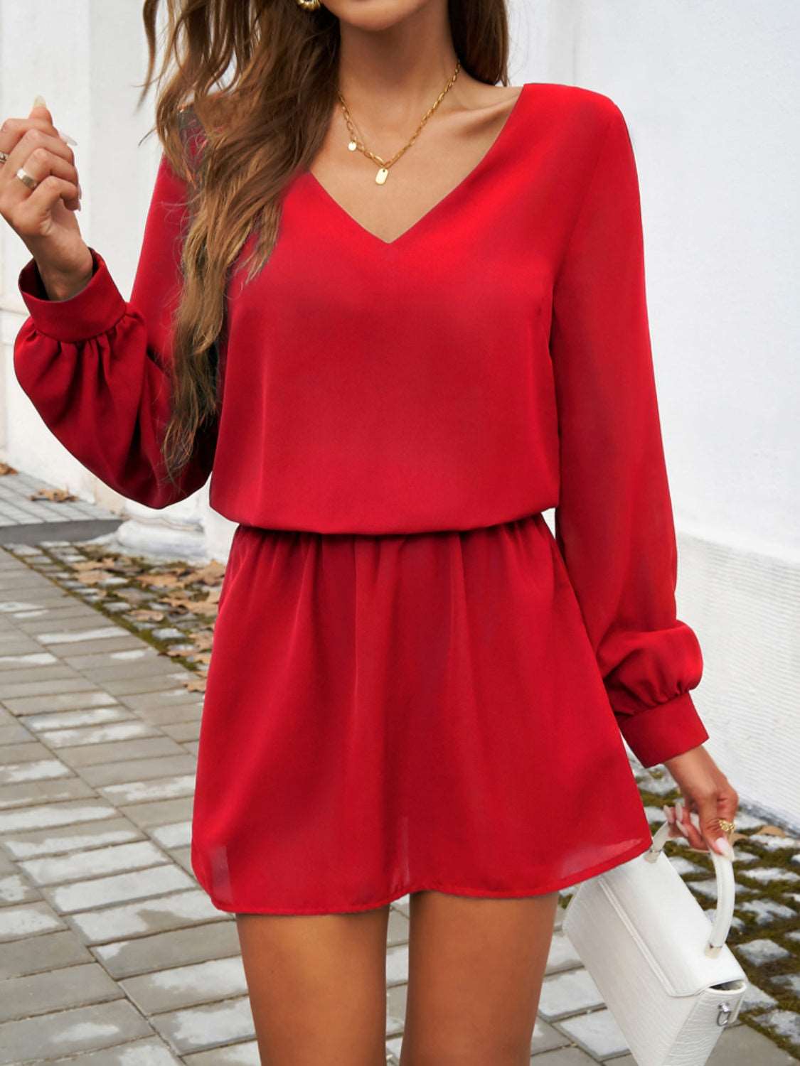 Elegant Cutout V-Neck Long Sleeve Mini Dress