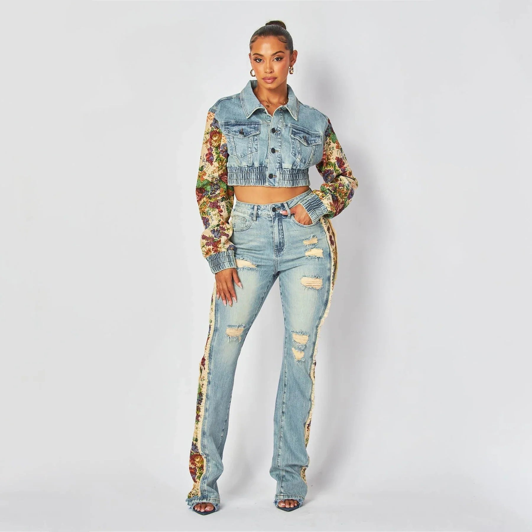 Women's Printed Splicing Long Sleeve Denim Jacket and Jean Pants Set
