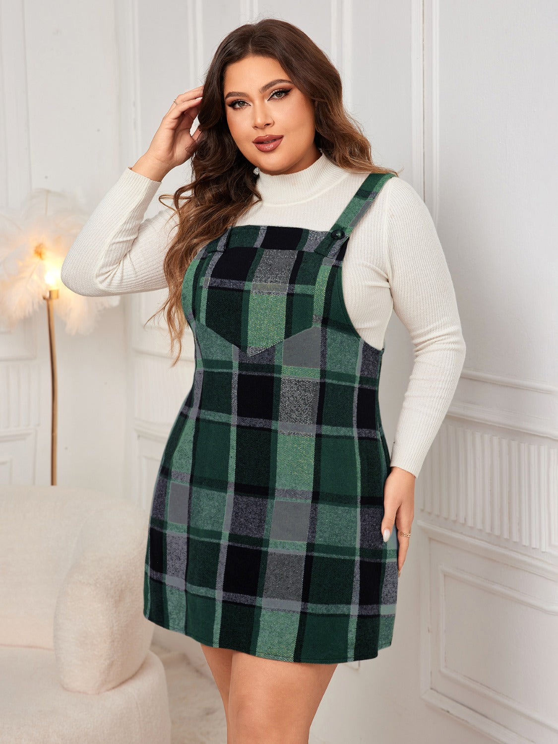 Honey Plus Size Plaid Wide Strap Overall Mini Dress