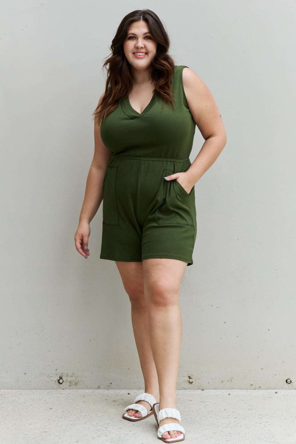 Zenana - Women's Plus Size Forever Yours V-Neck Sleeveless Romper in Army Green