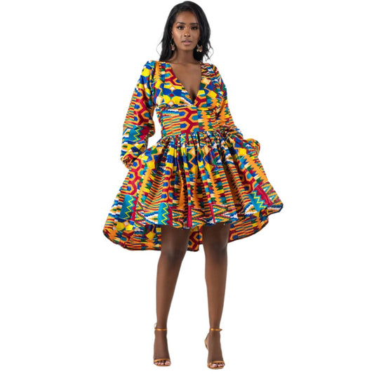 African Style Long-sleeved Halter V-neck Mini Dress