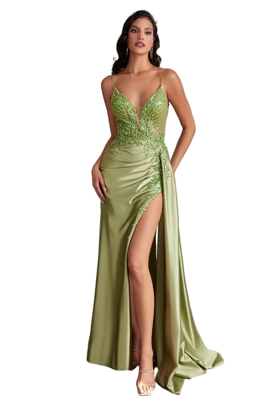 Satin Fiitted Gown With Sash & Lace Detail