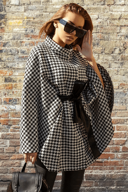 Houndstooth Tie Waist Trench Coat