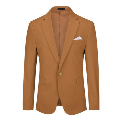 Men's Solid Color Single Vent 1-Button Blazer | Slim Fit Notched Lapel Jacket – Pink, Purple, Red & Caramel Caramel