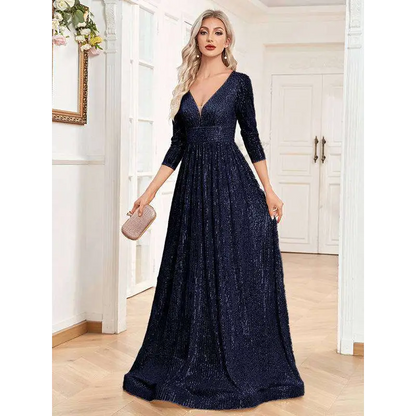 Champagne Sequined High Waist Party Formal Dress Dark Blue