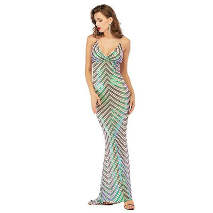 Chevron Sequin Halter Maxi Dress with Open Back Green