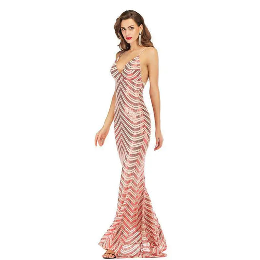Chevron Sequin Halter Maxi Dress with Open Back Red