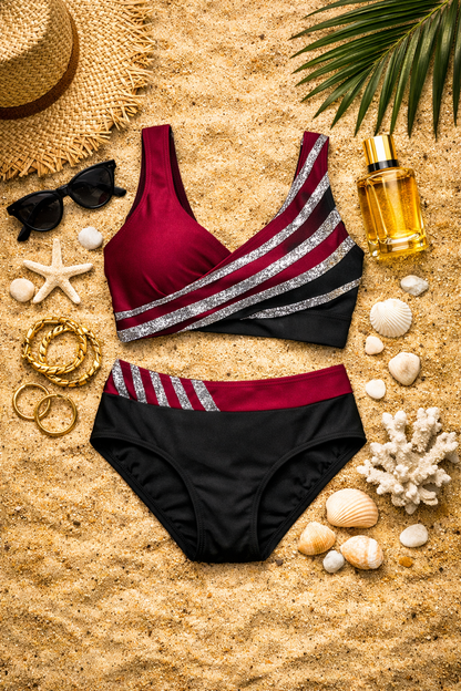 High-Waisted Swimsuit Set - Two-Piece with Pockets Wine United States