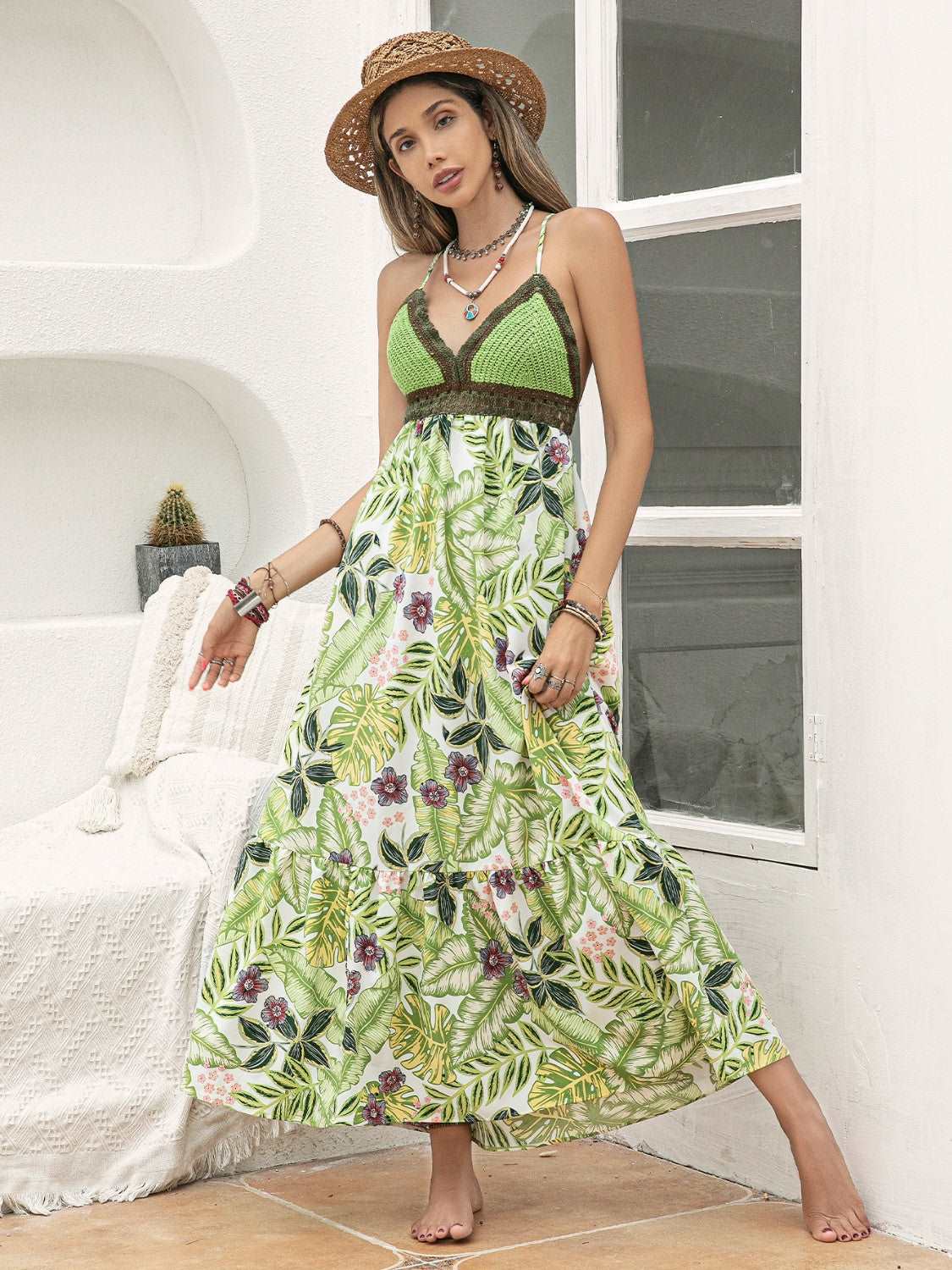 Backless Printed V-Neck Cam Maxi Dress