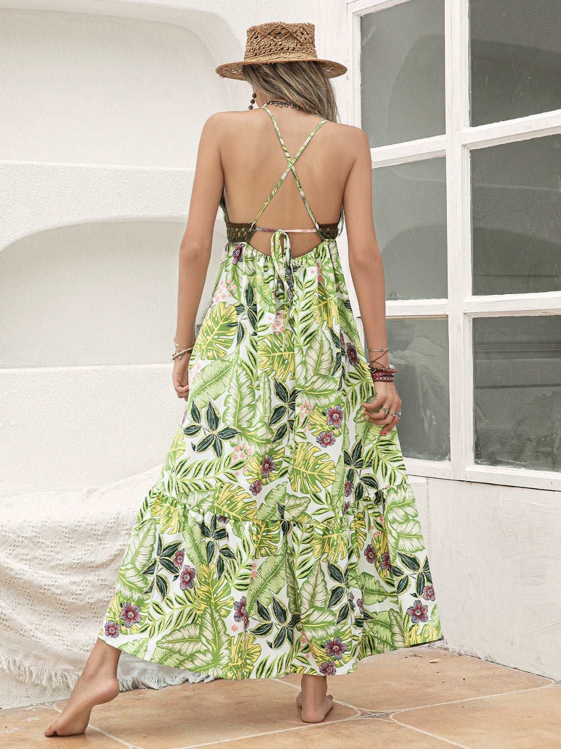 Backless Printed V-Neck Cam Maxi Dress