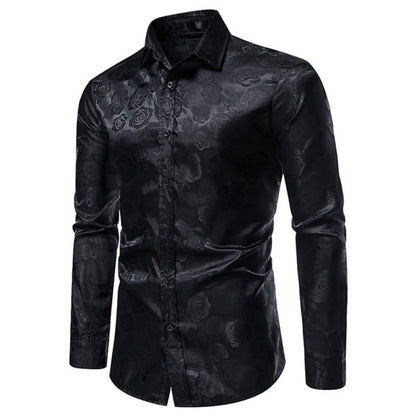Men's Rose Jacquard Long Sleeve Shirt | Slim Fit Floral Button-Down Dress Shirt