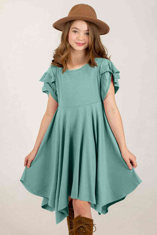 Girls Round Neck Petal Sleeve Ruffle Dress