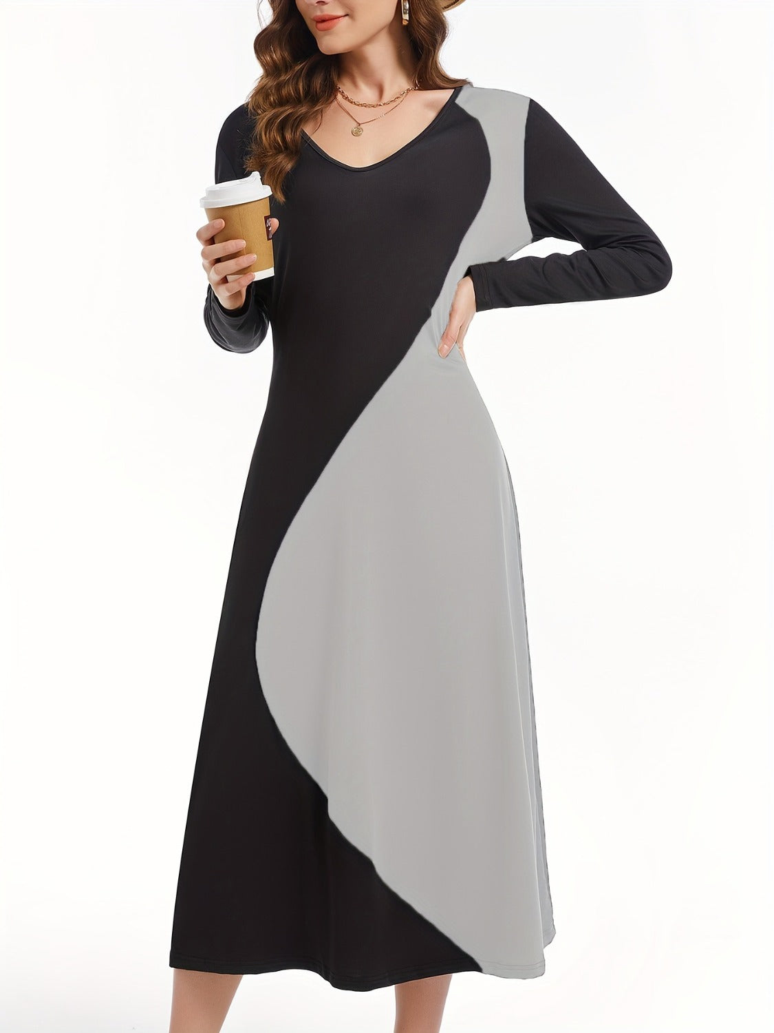 Women's Contrast Long Sleeve Midi Dress