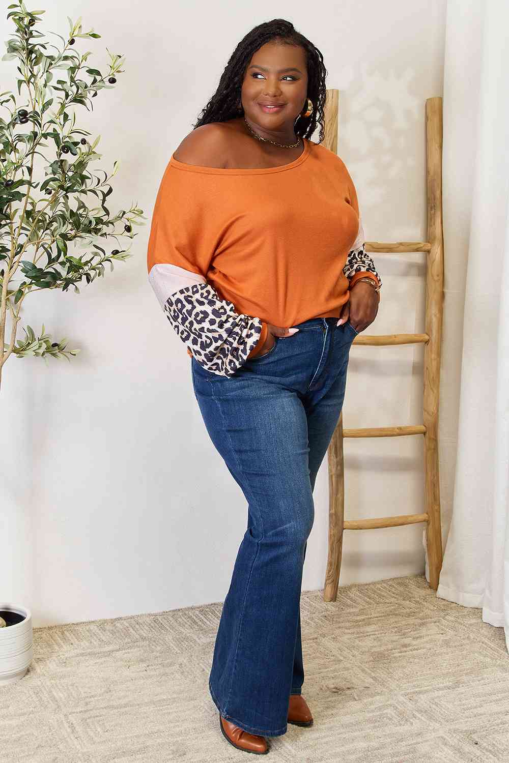 Double Take Plus Size Leopard Print Long Sleeve Round Neck Sweatshirt Top