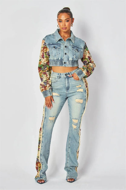 Women's Printed Splicing Long Sleeve Denim Jacket and Jean Pants Set