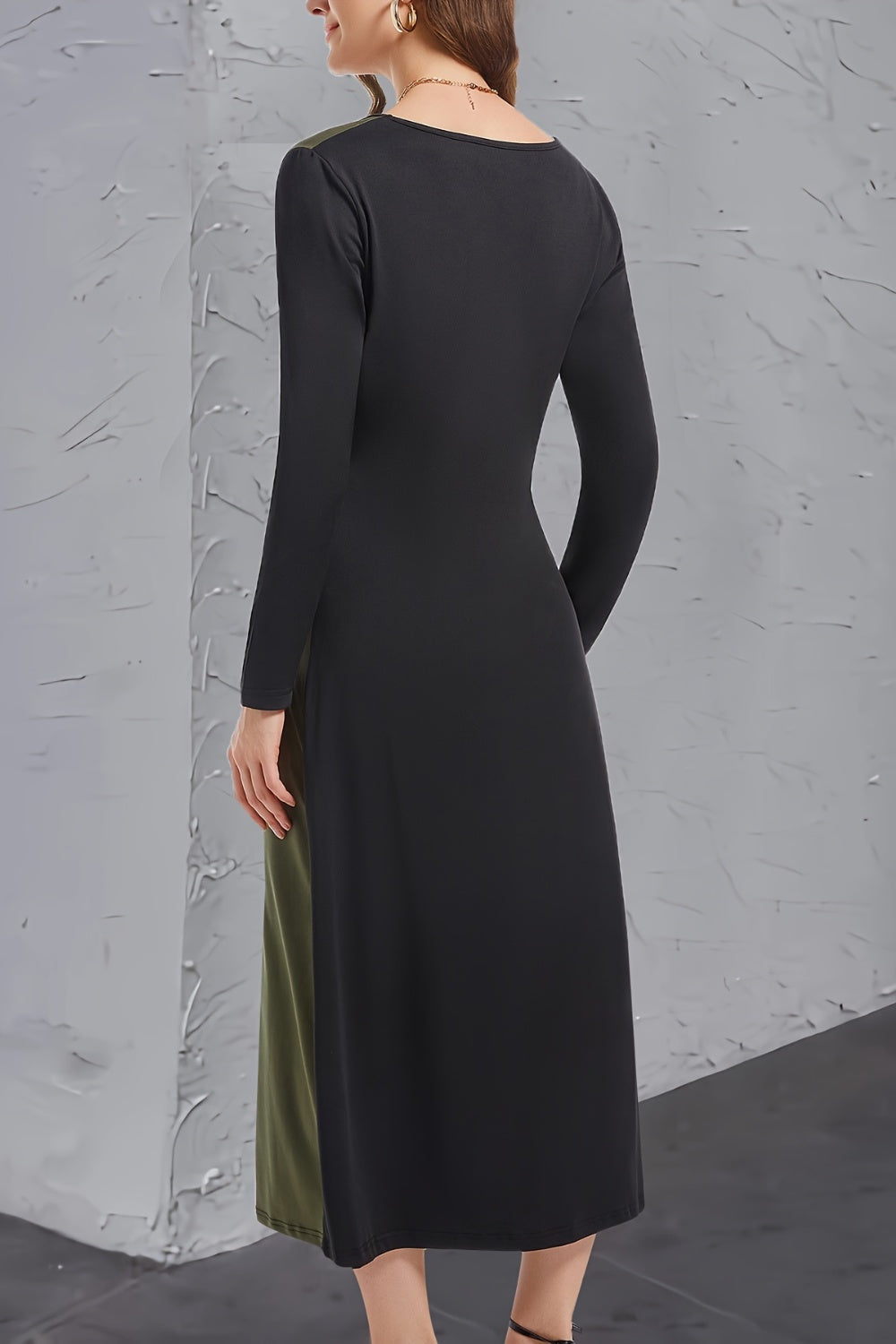 Women's Contrast Long Sleeve Midi Dress