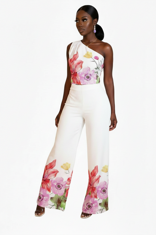 Flower Print 2-Piece Palazzo Set | One-Shoulder Crop Top & Wide-Leg Pants Pink S