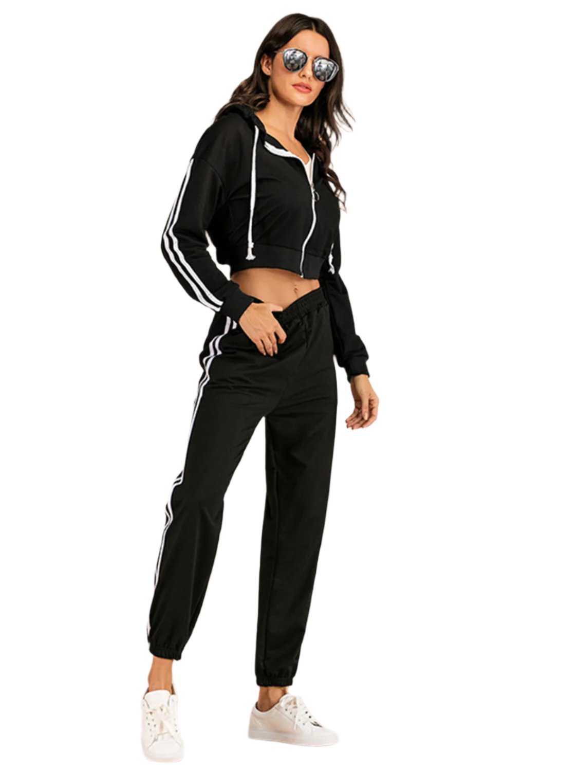 Women's Drawstring Side Stripe Zip Up Hooded Top and Pants Set