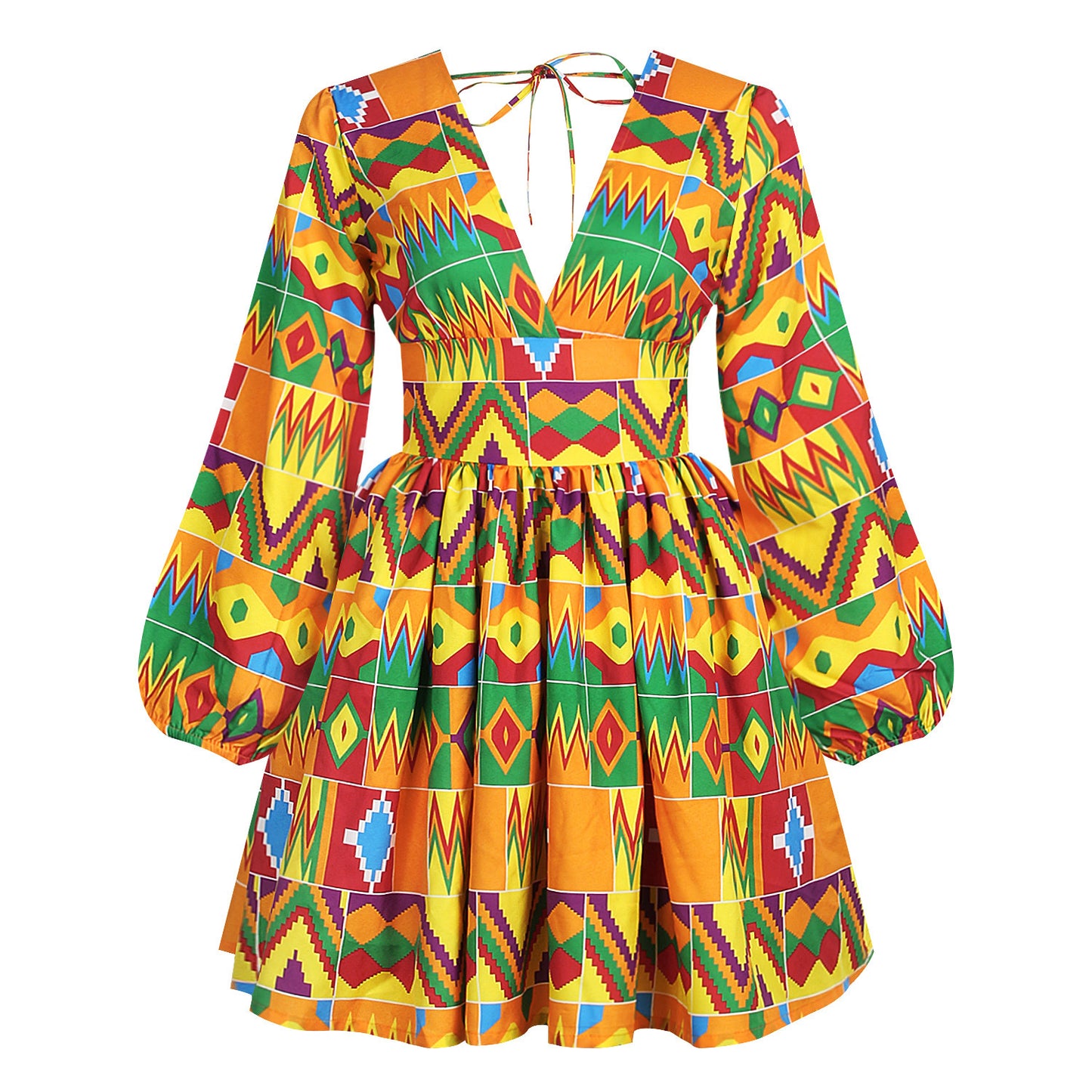 African Style Long-sleeved Halter V-neck Mini Dress