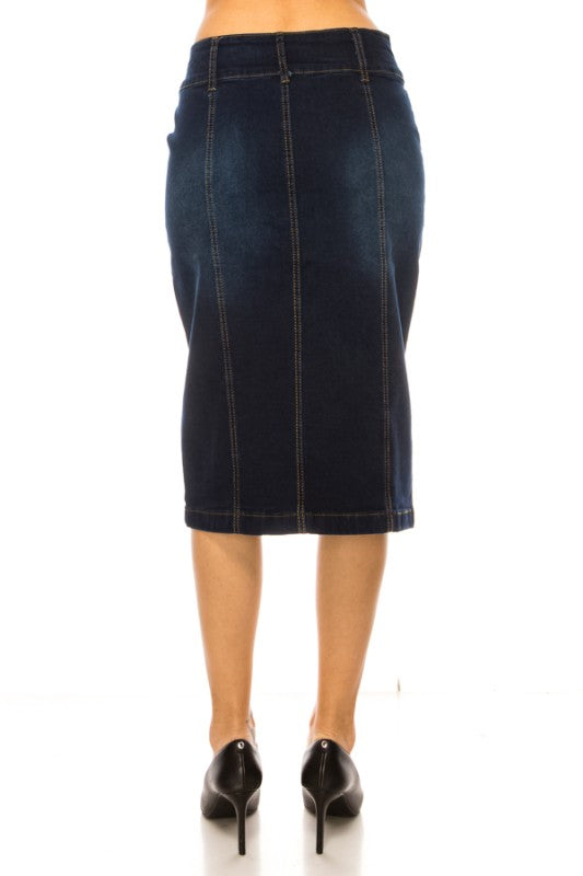 Be-Girl Women's Stretch Denim Knee-Length Pencil Skirt – Classic 2-Button Closure
