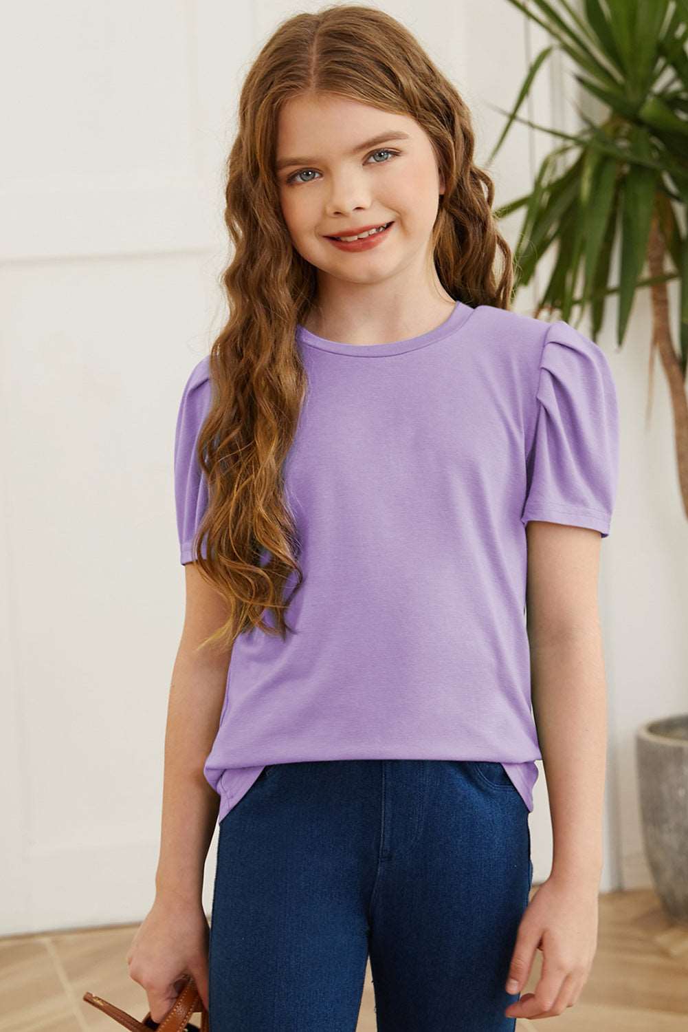 Girls Round Neck Puff Sleeve Blouse, purple, front view